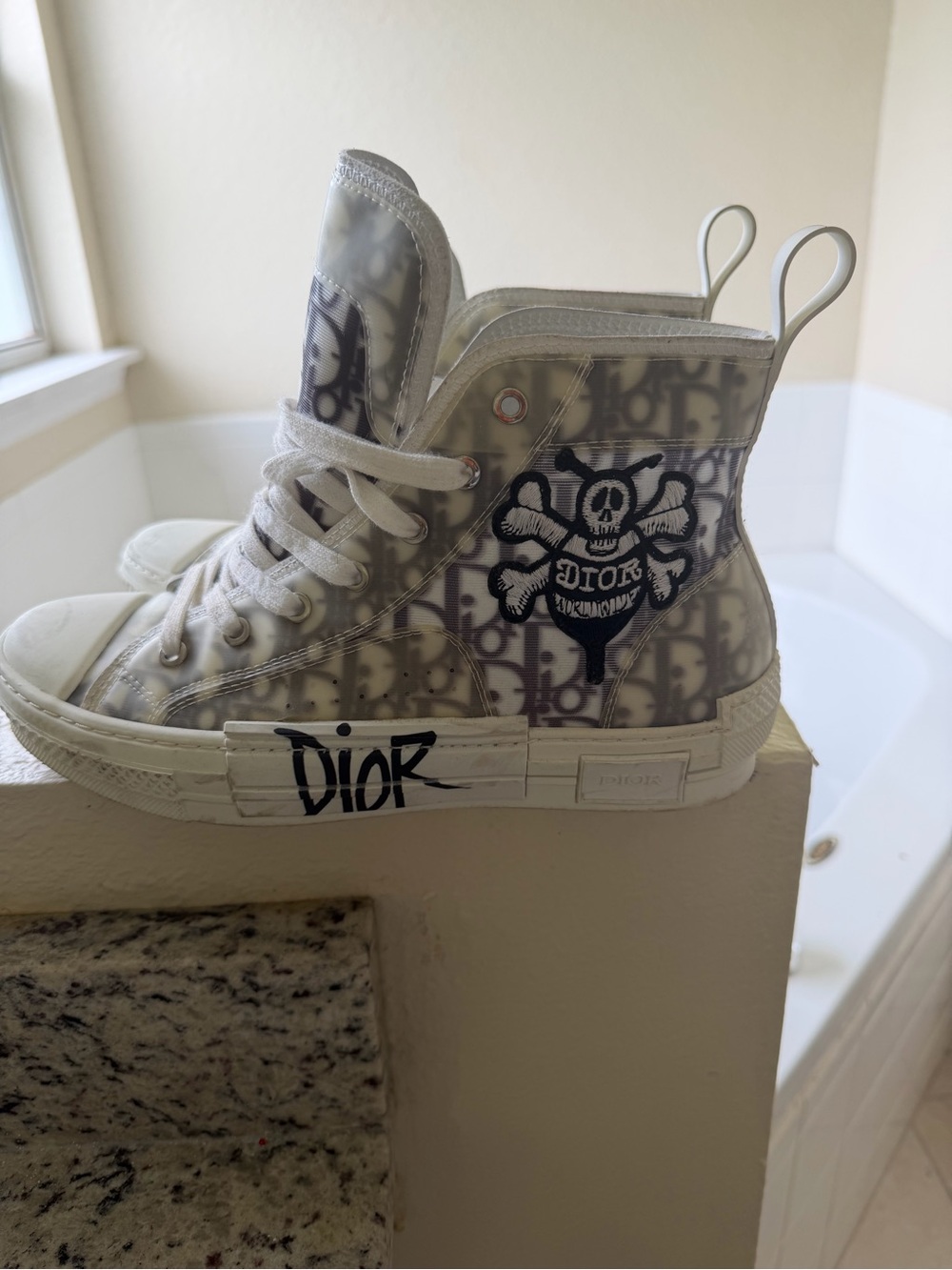 Dior Kids White High-Top Sneakers with Skull Graphic